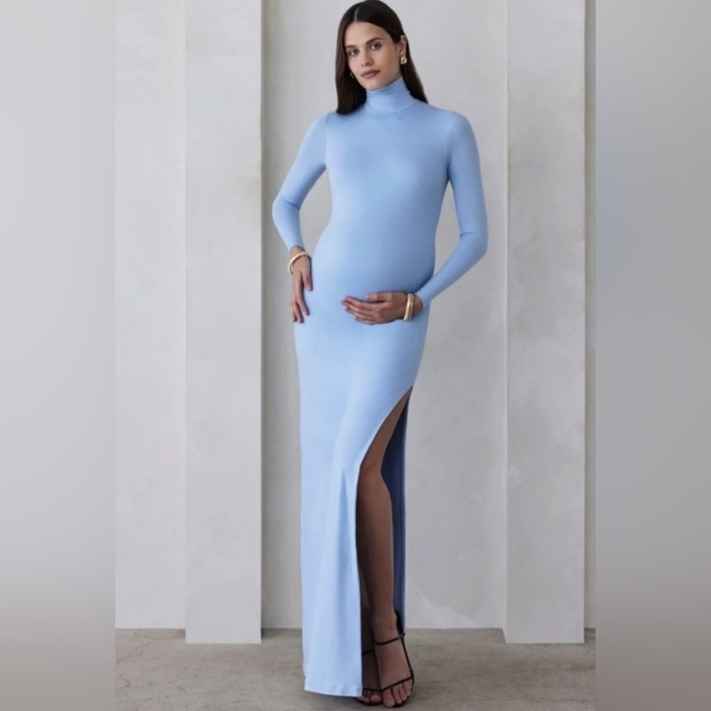 Elegant Long Sleeve Blue Maternity Dress
